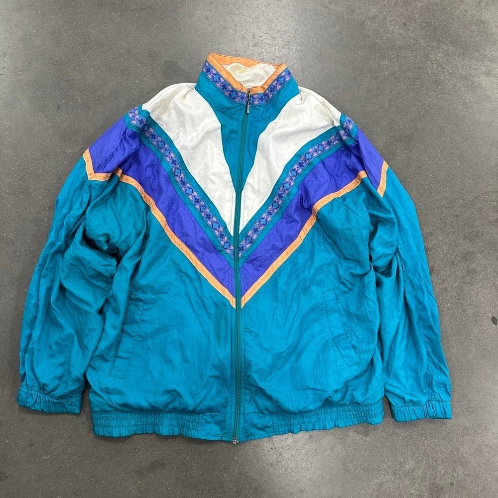 Bold Spirit Retro 90s blue nylon striped windbreaker jacket Size Lg